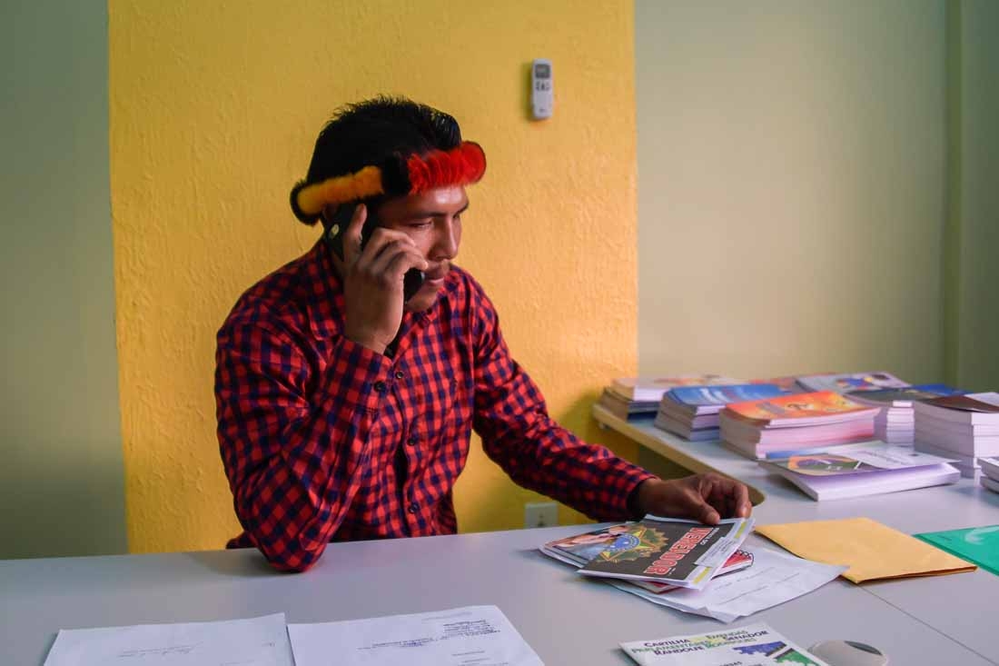 Jawaruwa Waiapi, city councilman of Pedra Branca do Amapari city, works at his office, in Amapa state in Brazil, on October 12, 2017.