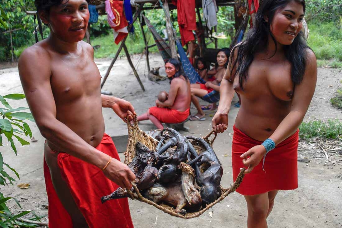 Waiapi people show roasted monkeys and deers as part of Waiapi's diet, mainly based in Manioc and fruits, at the reserve in Amapa state in Brazil on October 13, 2017. The tiny Waiapi tribe is resisting moves by the Brazilian government to open the region