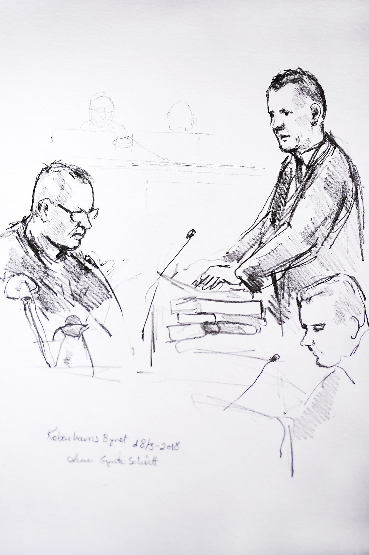Court drawing by Anne Gyrite Schuett made available by Danish news agency Ritzau SCANPIX shows accused Peter Madsen (L) and the prosecutor Jakob Buch-Jepsen (standing) on the first day of the trial at the courthouse in Copenhagen, Denmark, where the trial