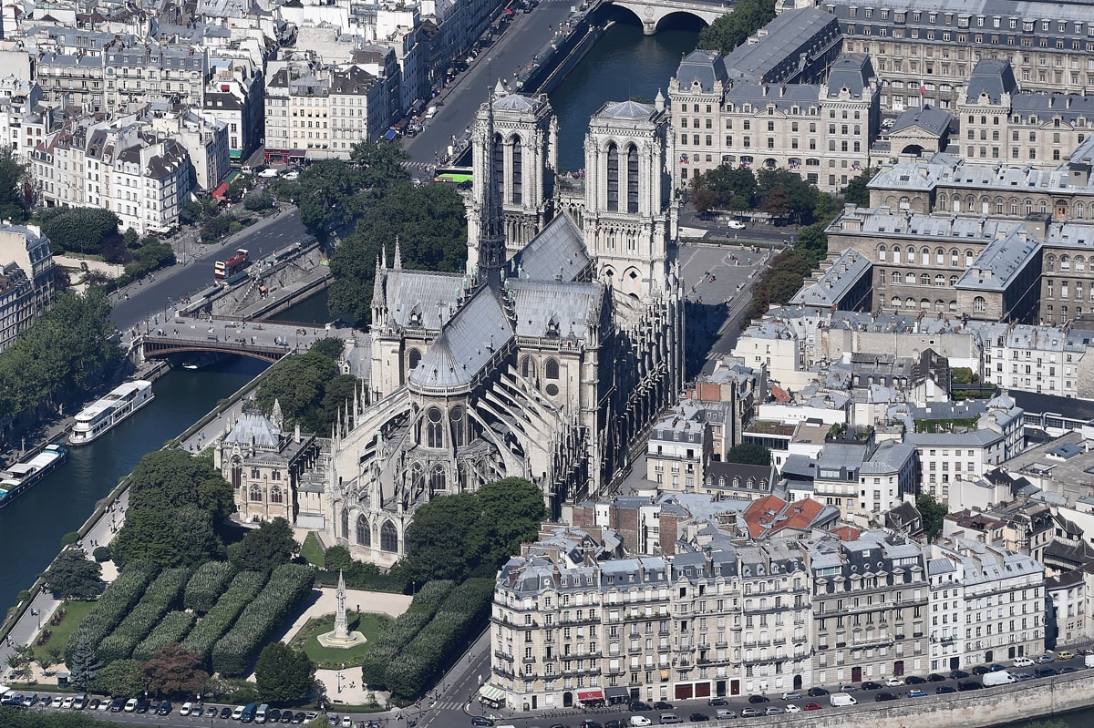 A picture taken on July 14, 2017, in Paris, shows the Ile de la Cite and Notre-Dame Cathedral by the river Seine.