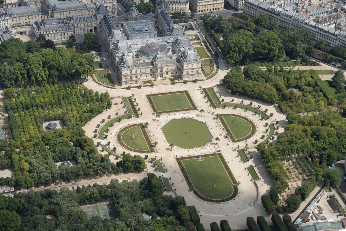 A picture taken on July 14, 2017, in Paris, shows an aerial view of the Senate, the Luxembourg Palace and the Luxembourg Garden
