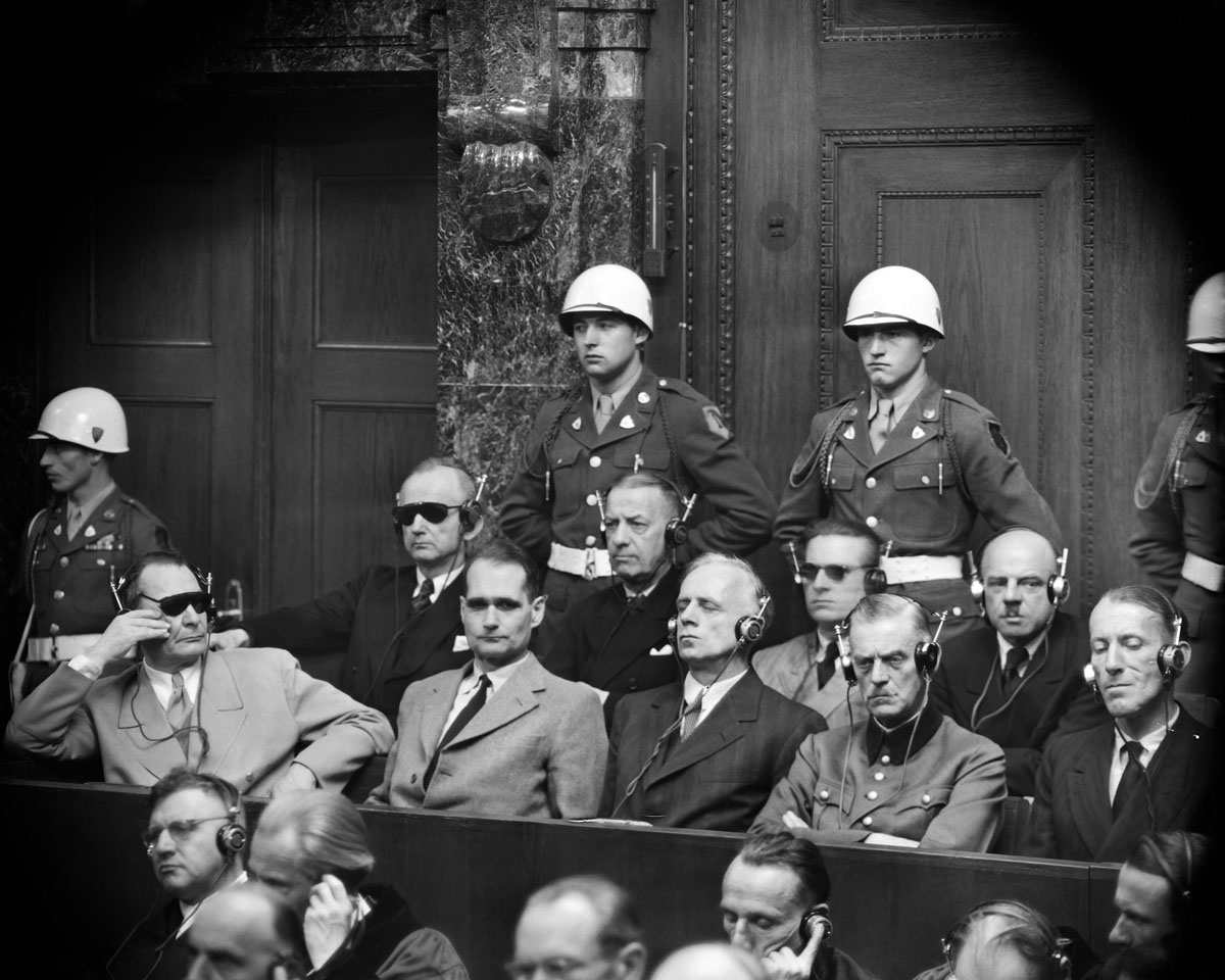 Photo taken in 1946 during the Nuremberg trial where nazi criminals have to answer for their crimes during World War II before a tribunal formed by Britain, America, Russia and France. fron LtoR, first row, in the dock: Hermann Goering, Rudolf Hess, Joach