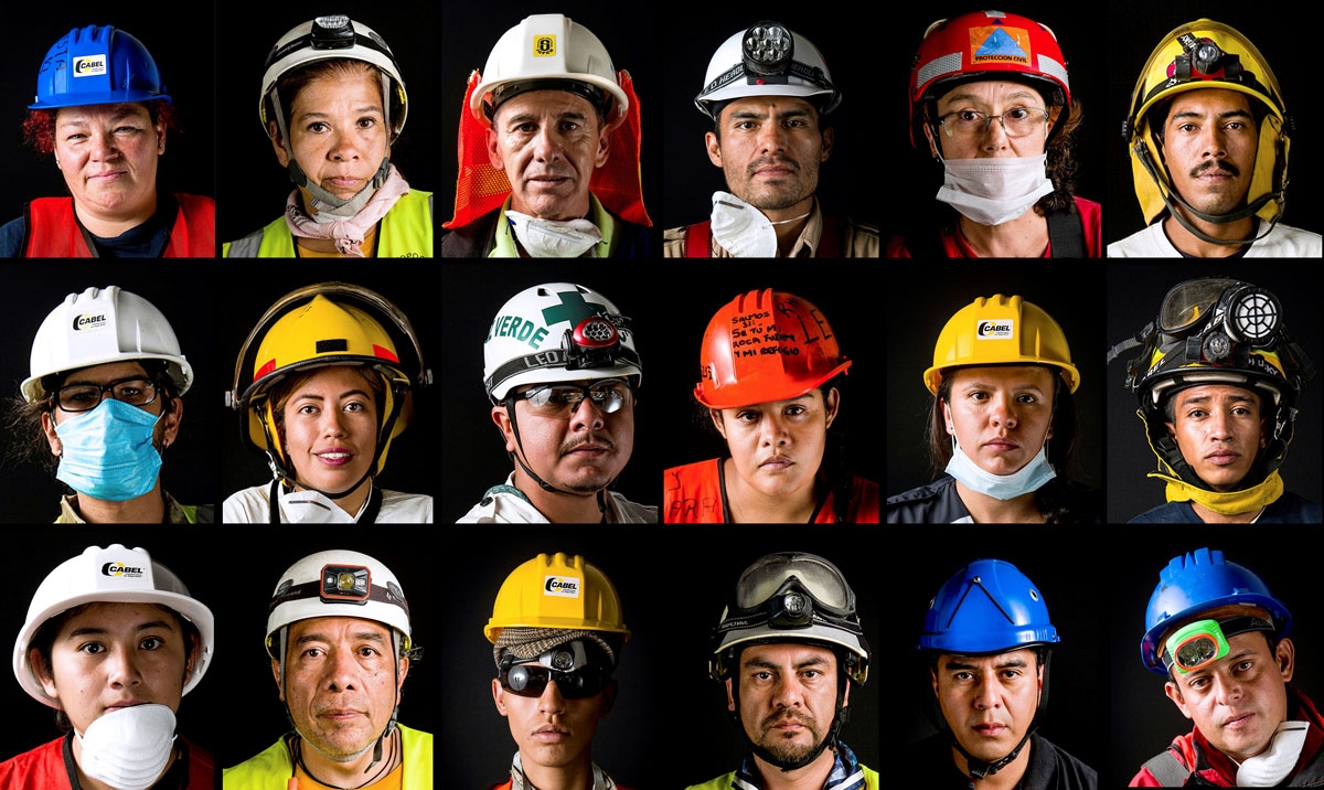 This combination of photos made on September 28, 2017 shows people who volunteered after the 7.1 earthquake that hit Mexico on September 19, posing for pictures in Mexico City on September 25, 2017.