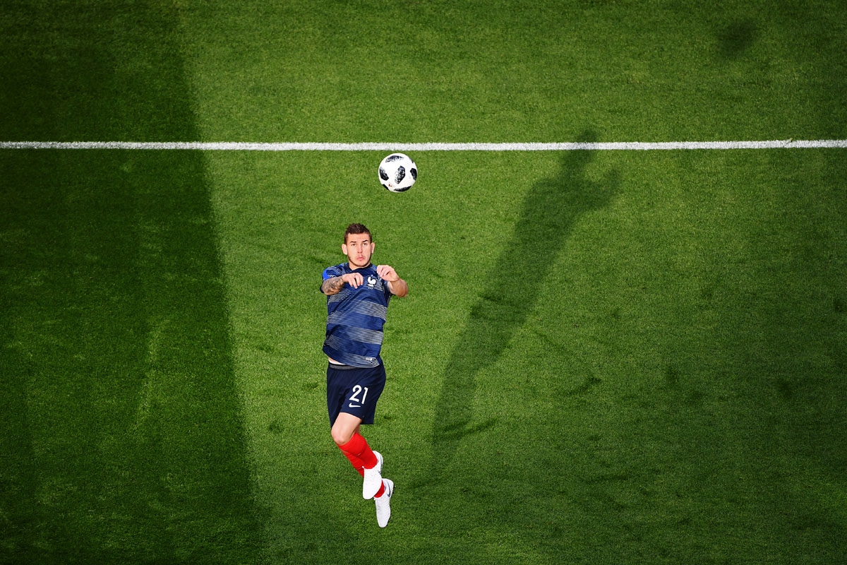 France's defender Lucas Hernandez warms up before the Russia 2018 World Cup Group C football match between France and Peru at the Ekaterinburg Arena in Ekaterinburg on June 21, 2018. /
