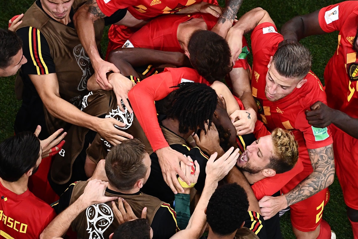 Belgium's players celebrate their second goal during the Russia 2018 World Cup round of 16 football match between Belgium and Japan at the Rostov Arena in Rostov-On-Don on July 2, 2018