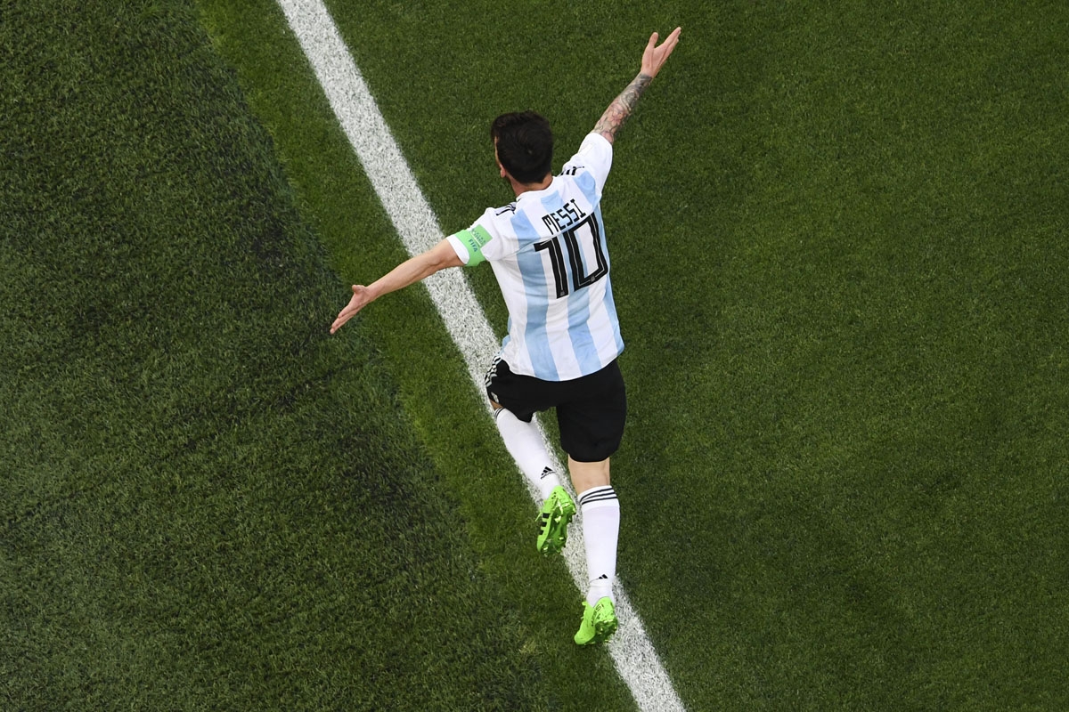 Argentina's forward Lionel Messi celebrates his goal during the Russia 2018 World Cup Group D football match between Nigeria and Argentina at the Saint Petersburg Stadium in Saint Petersburg on June 26,