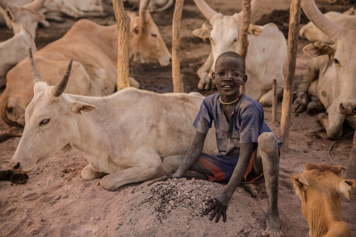 A Sudanese boy from Dinka tribe poses next to cow in the early morning at their cattle camp in Mingkaman, Lakes State, South Sudan on March 4, 2018.
