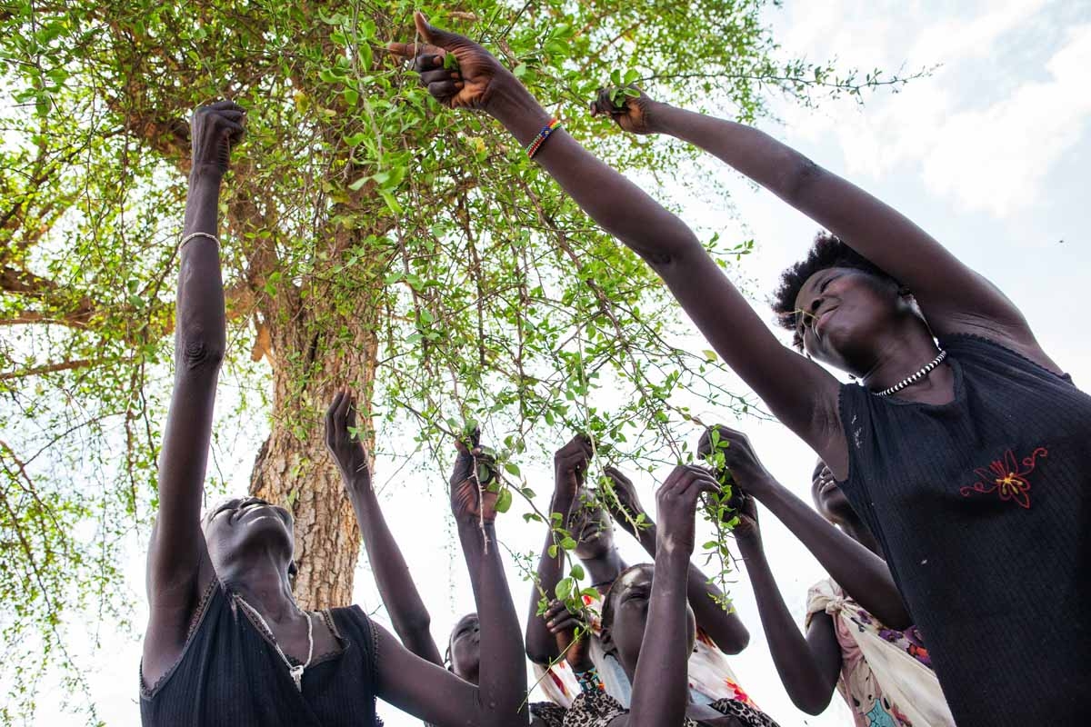 Displaced women collect leaves outside Lankien, in Jonglei State, South Sudan, on April 6, 2016.