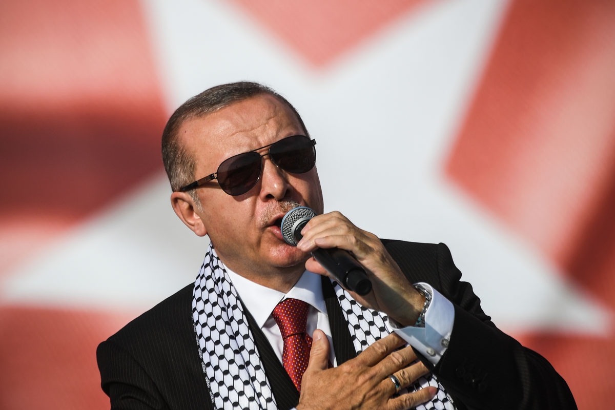 Turkish President Recep Tayyip Erdogan addresses a protest rally in Istanbul on May 18, 2018, against the recent killings of Palestinian protesters on the Gaza-Israel border and the U.S. embassy move to Jerusalem.