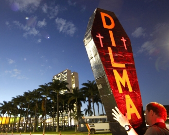 Activists supporting the impeachment of President Dilma Roussef take part in a protest in front of the Supreme Court in Brasilia, on April 14, 2016