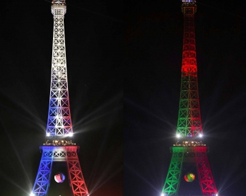 (COMBO) This combination of pictures created on July 8, 2016 shows the Eiffel Tower lighted with the colors of the French National flag on July 7, 2016 (L) and Portugal flag on July 1, 2016.  France and Portugal will play the UEFA EURO 2016 final on July 